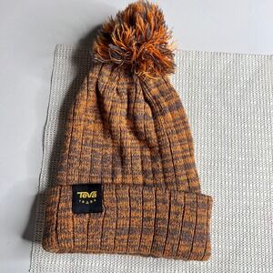 Teva 1984 Ribbed Knit Pom Beanie Hat Orange Grey Striped Acrylic Winter Cap‎